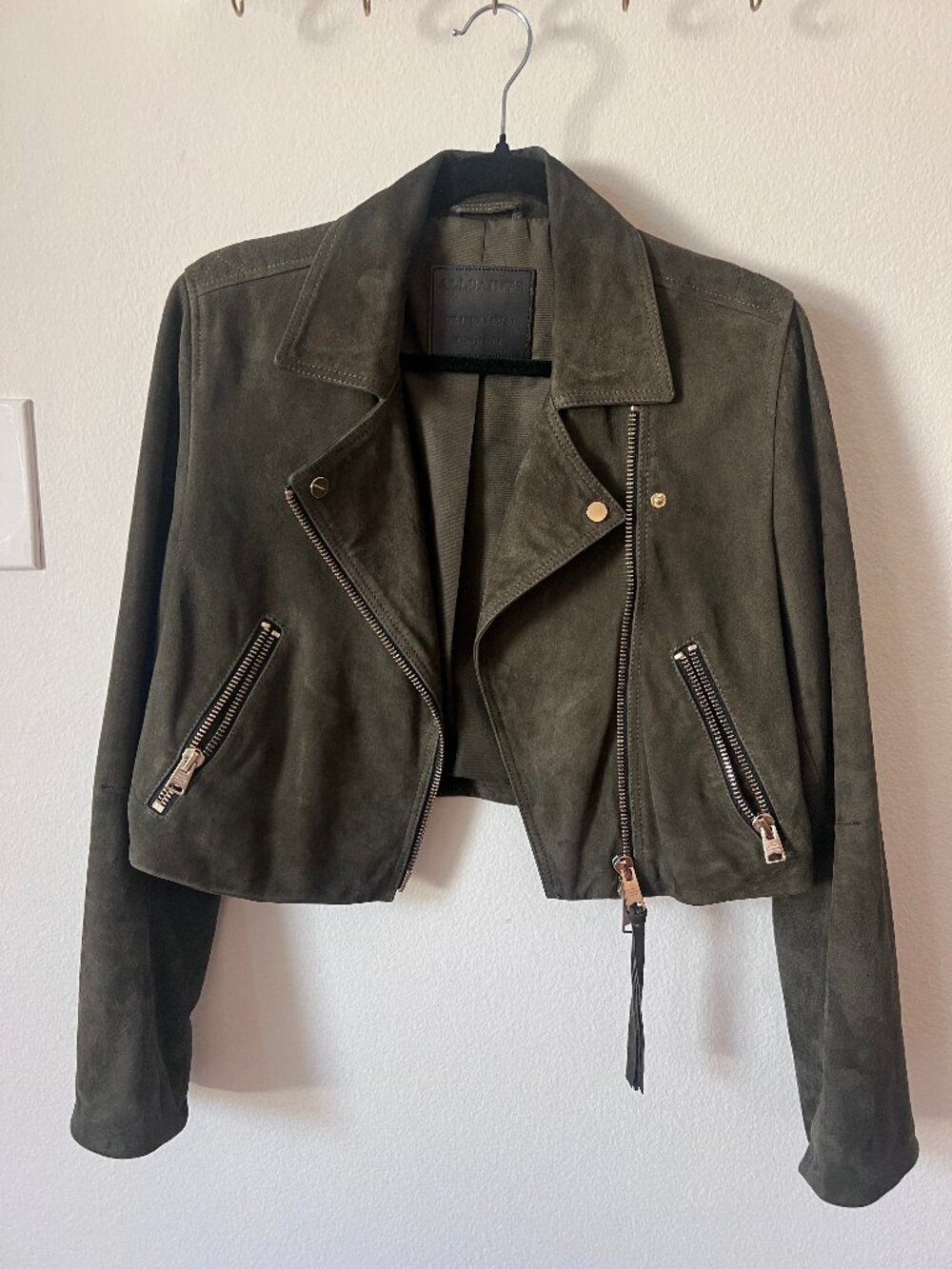 AllSaints Olive Green Suede Moto Jacket